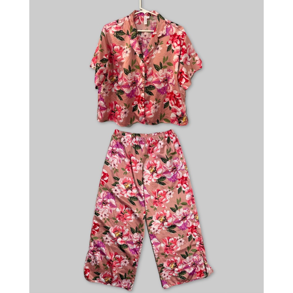 Joyspun Pink Floral Satin Pajama Set Top Medium Pants Small Wide Leg Loungewear